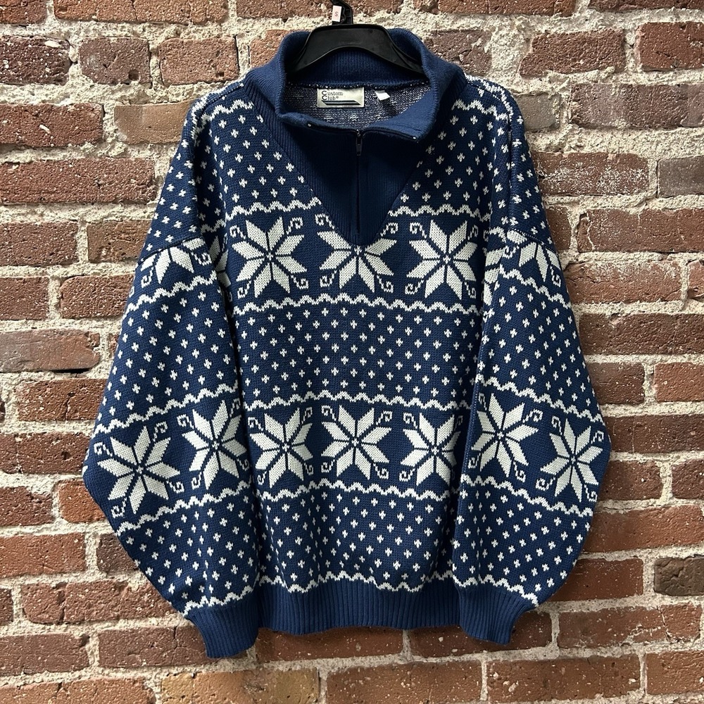 Vintage Custom Club Nordic Ski Sweater Mens L 50 52 Blue Fair Isle Quarter Zip
